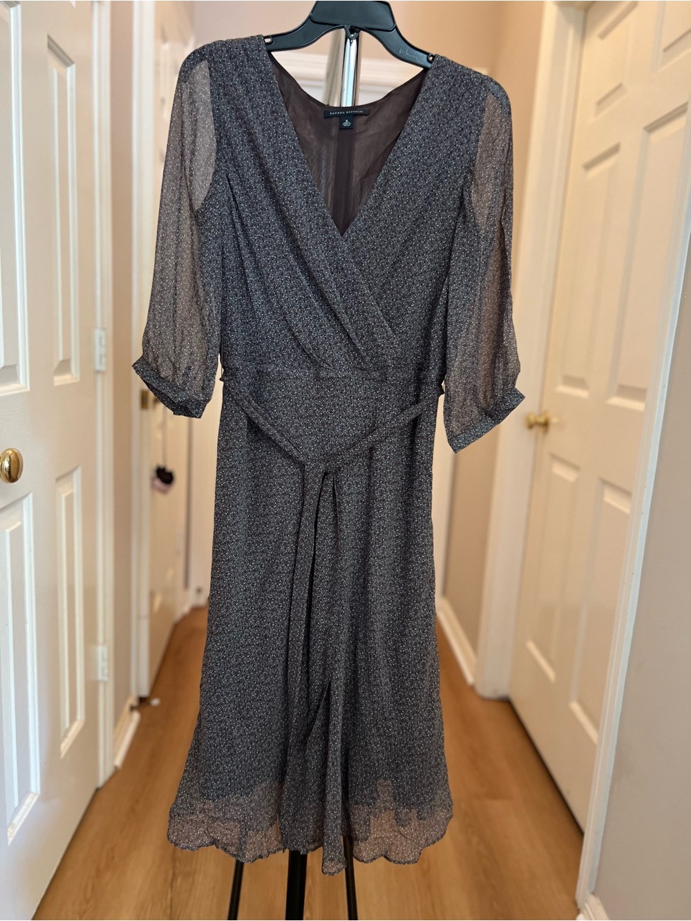 Banana Republic Charcoal Sheer-Sleeve Wrap Midi Dress